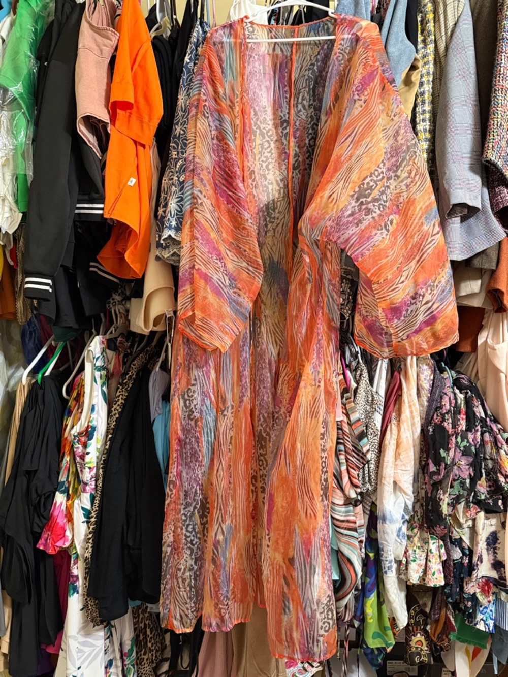 Sheer Orange  never worn Multi-Print Kimono Duster